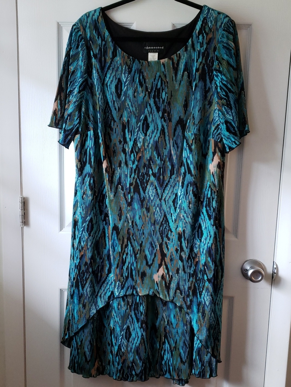 Connected Apparel Pleated Teal, Black, And Tan Patterned High-Low Dress